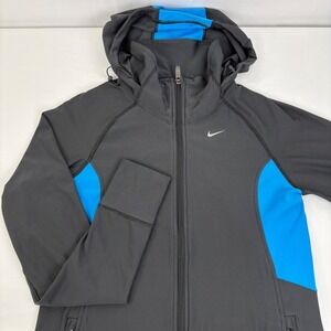 Nike Dri Fit Women's Running Jacket Gray Blue Full Zip Hooded Athletic L